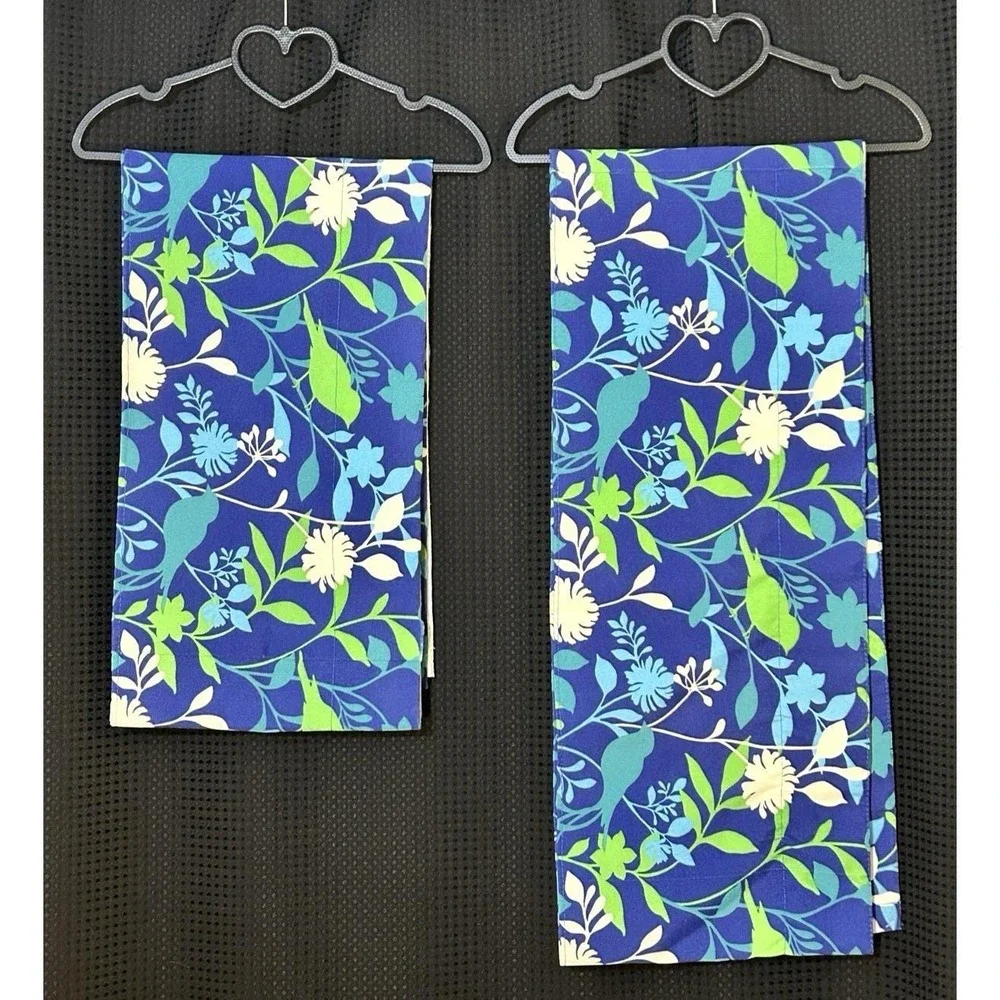 Vtg 70s Floral Window Valences Set of 2 Blue Green Mod Floral MCM 120 x11 84x11